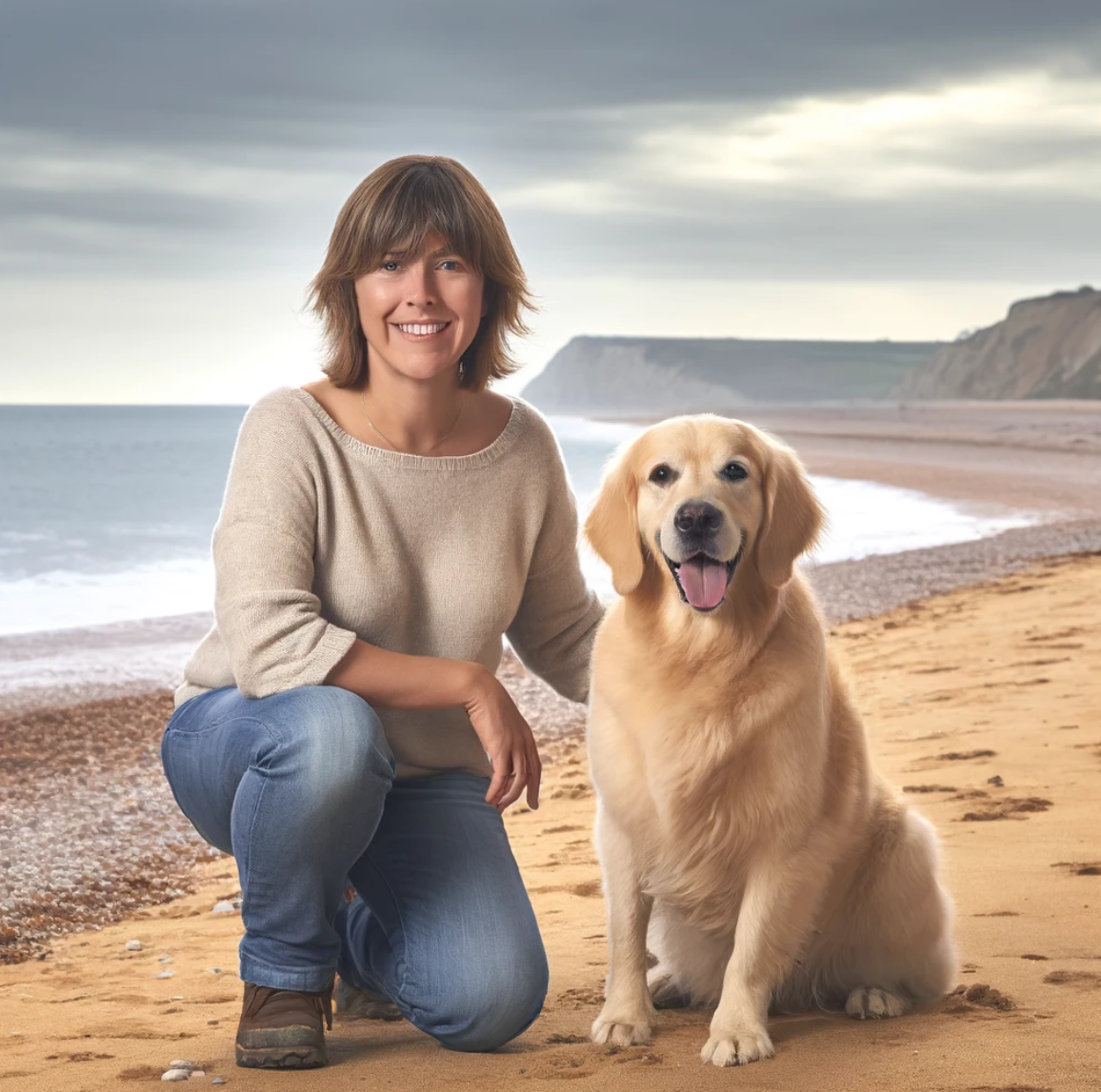 AI generated picture of a woman on a beach with a dog